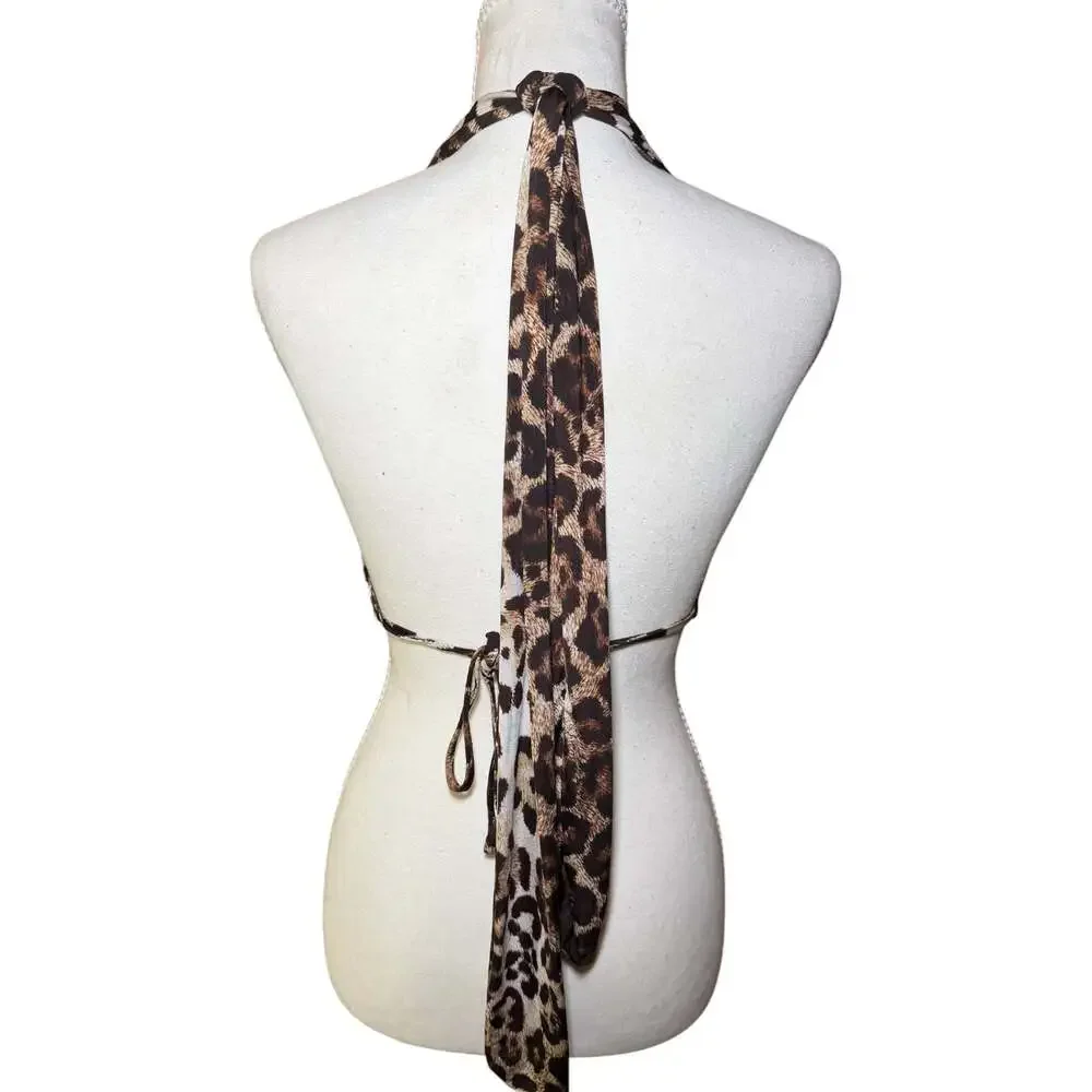Leopard Print Halter Bikini Top O Ring Double Lined Adjustable‎ Tie Back